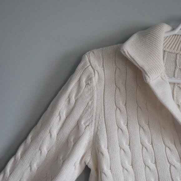 White Women's Cable Knit Collared V-Neck Ribbed Long Sleeve Pullover Sweater - Picture 3 of 11